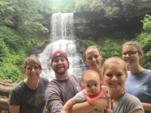 Summer of 2016 Brooke flew to DC and the made the drive to Blacksburg, VA for Megan’s orientation weekend at Virginia Tech. We had a great hike up to the top of the trail at the Cascades and took in the beautiful waterfalls. Of course Brooke held Eloise for the picture!- Eric, brother-in-law